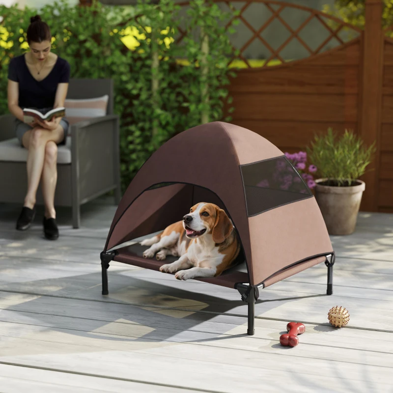 PawHut Elevated Dog Bed with Removable Canopy, Pet Bed with Storage Bag for Indoor Outdoor, for Small Medium Dogs, 76 x 61 x 71 cm, Coffee
