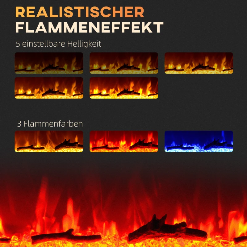 HOMCOM Elektryczny kominek ścienny z efektem LED, 1800 W, z kryształami, w 3 kolorach z 5 poziomami jasności, z pilotem, timerem, ekranem dotykowym, montaż ścienny, czarny
