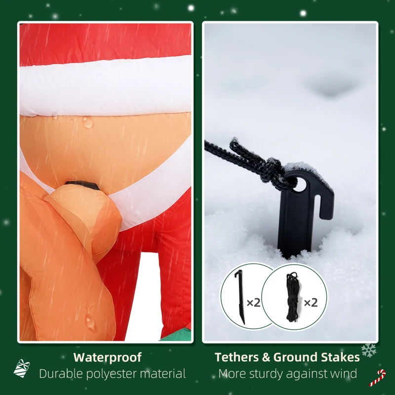 Outsunny Dmuchana dekoracja świąteczna, 2,14 m dmuchany Mikołaj z psem, Odporna na warunki atmosferyczne dekoracja ogrodowa z oświetleniem LED, do wnętrz i na zewnątrz