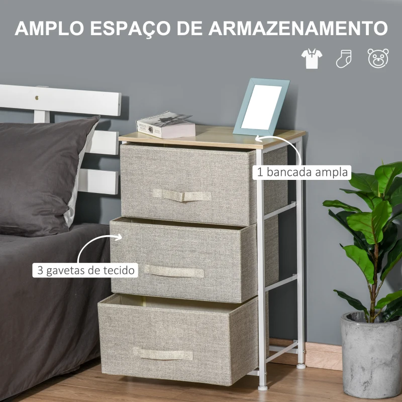 HOMCOM Mesa de Cabeceira com 3 Gavetas de Tecido para Dormitório Sala de Estar Corredor 45x30x71 cm Cinza e Branco