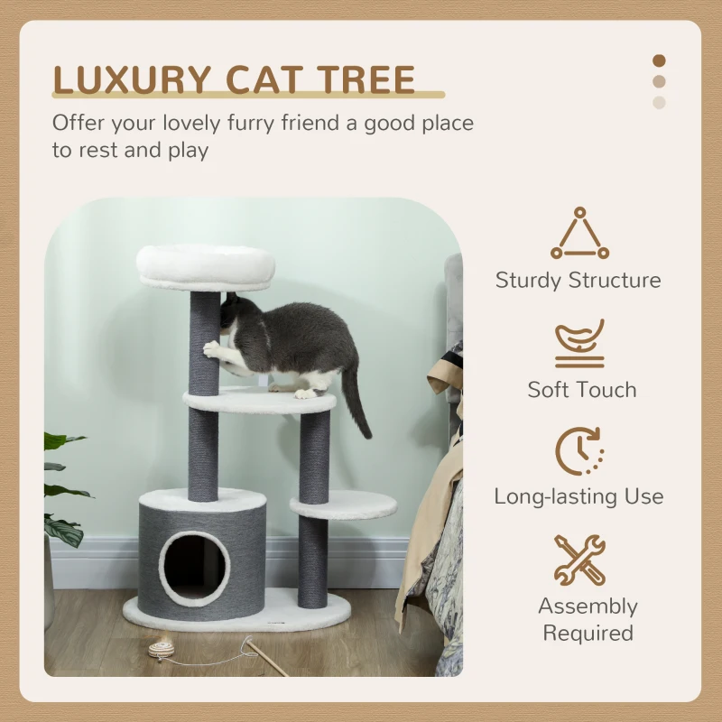 PawHut Drapak dla Kota 98 cm Wieża z Jaskinią, Słupy do Drapania, 3 Platformy, Wielopoziomowy Drapak dla Kota, Drzewo Wspinaczkowe, dla Kotów do 4 kg, Szary+Biały