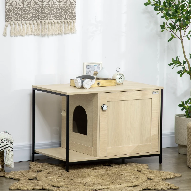 PawHut Katzenschrank dzierżnik, Katzendorf z magnetyczna furtka, kuweta dla kota, pień z piłką, stolik boczny, wzor zawyżony, dąb, 80 x 48 x 55 cm