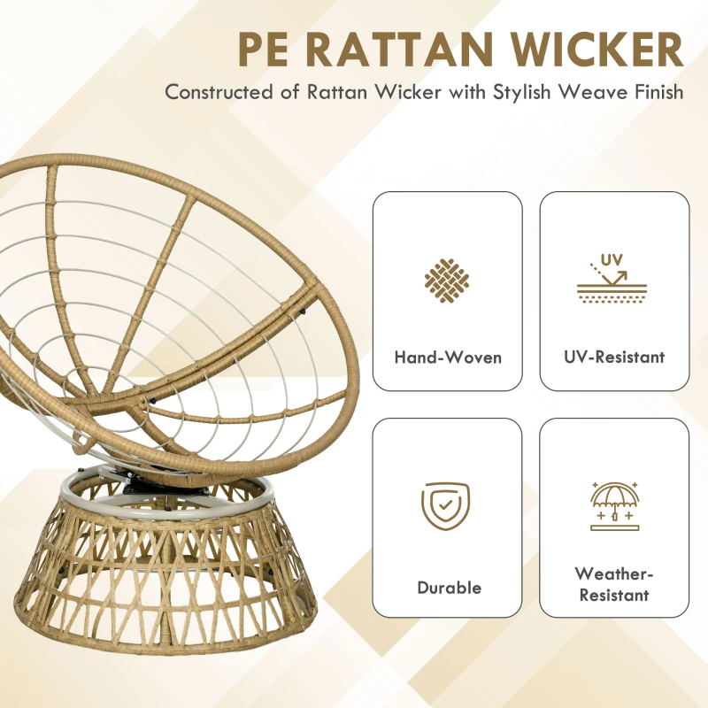 Outsunny Fotel obrotowy z wikliny Rattan z poduchą 360 stopni Regulowane podnóżki 85 x 70 x 82 cm Khaki