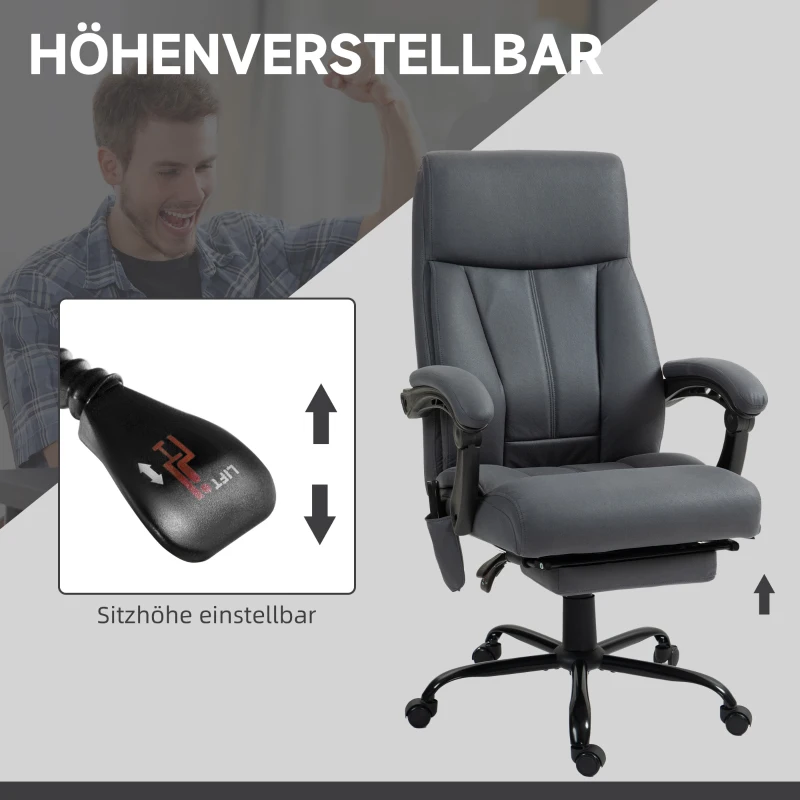 Vinsetto Fotel biurowy z funkcją masażu, Ergonomiczny Krzesło Biurowe z funkcją leżenia, Podgrzewaniem Lędźwiowym, Regulowaną Wysokością, Komputerowe z Podnóżkiem, Obrotowe, Ciemnoszary