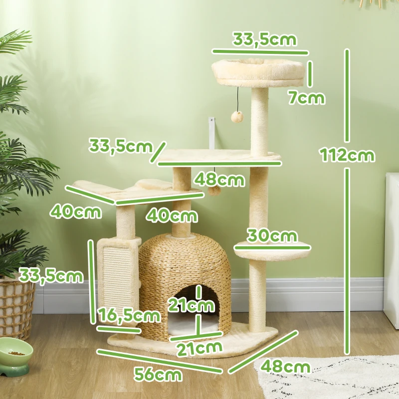 PawHut 44" Cat Tree, Cat Tower for Indoor Cats with Sisal Scratching Posts, Cat Condo, Hammock, Cat Bed, Platforms, Toy Balls, Cat Activity Centre, Beige