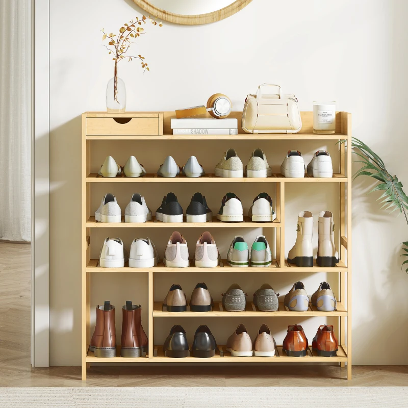 HOMCOM Bamboo Shoe Rack with Drawer, 6 Tier Shoe Stand with Slatted Shelves, 18 Pairs Footwear Organiser for Hallway, Entryway, 101 x 30 x 100 cm, Natural Wood Finish