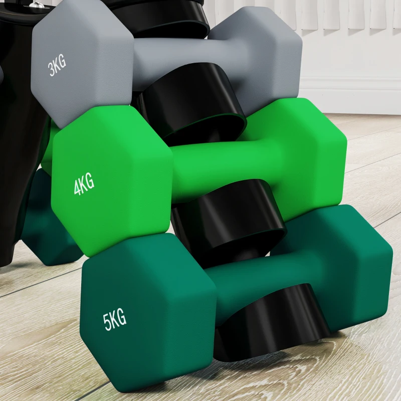 Zestaw hantli SPORTNOW 6 krótkich hantli z składanym stojakiem, 2 x 3kg, 2 x 4kg, 2 x 5kg, hantle heksagonalne, kettlebell do fitnessu, gimnastyki, domu