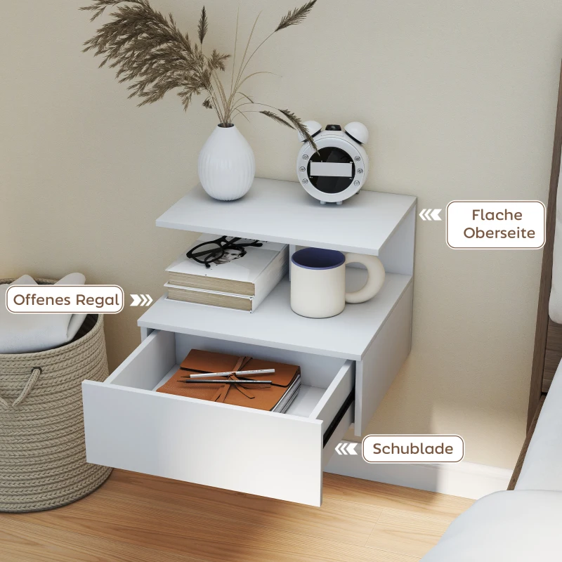 HOMCOM Stolik nocny zawieszany z szufladą, otwarta półka, biały, 39,8 x 35 x 31,6 cm