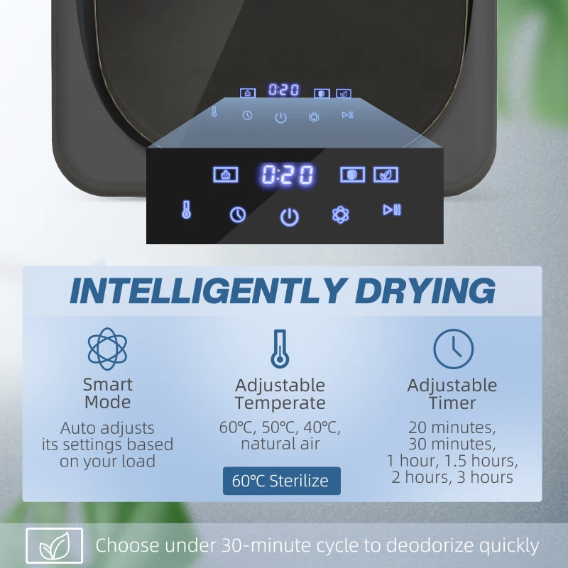 Mini suszarka HOMCOM z 6 programami, dotykowym ekranem LED, 4 kg, do 60℃, 800W, wolnostojąca, montowana na ścianie, z ochroną przed przegrzaniem