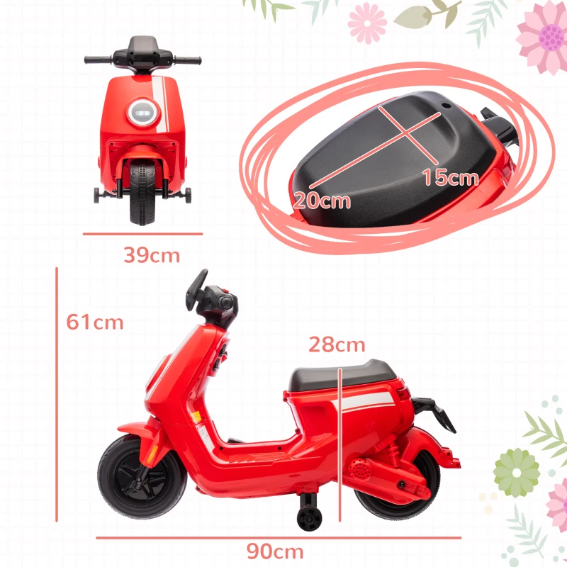 AIYAPLAY 6V Kids Electric Motorbike, Ride on Motorbike with Headlight and Music, Forward Reverse, Training Wheels, for Ages 18-36 Months - Red