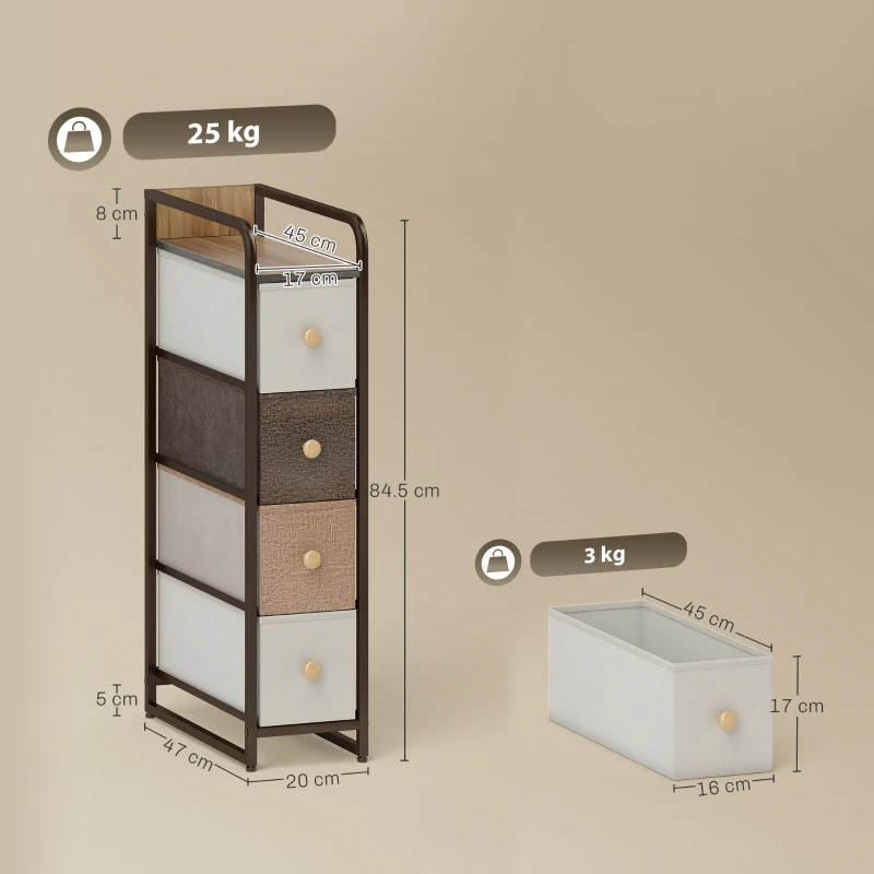 HOMCOM Kommode Schrank mit 4 Schubladen aus Vliesstoff Aufbewahrungsschrank mit Stahlrahmen, 20 x 47 x 84,5 cm, Mehrfarbig