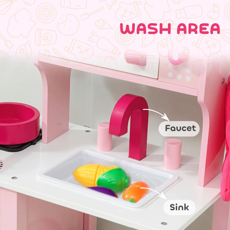 AIYAPLAY Kuchnia dla dzieci, Zestaw kuchenny z piekarnikiem, kuchenką, zlewem i akcesoriami kuchennymi, Zestaw do zabawy w role dla dzieci 3+, Różowy