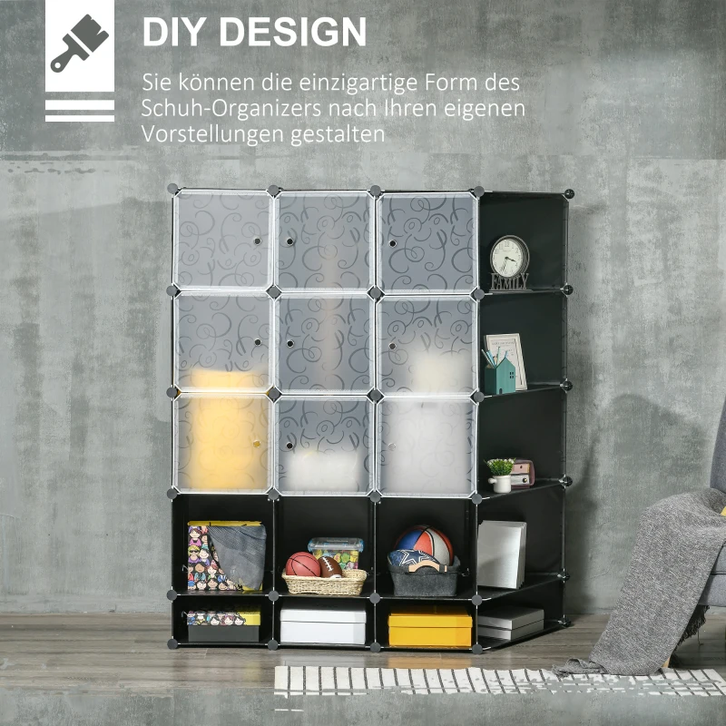 System regałów do szafy DIY, 16 półek, 2 drążki, Czarny