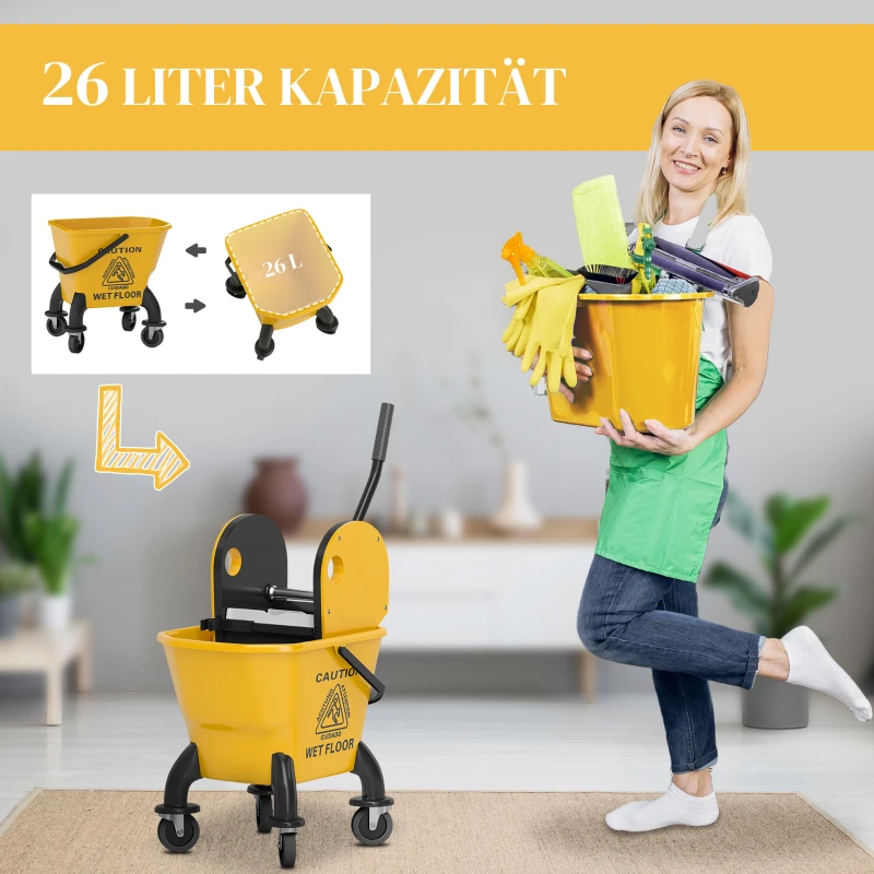Wózek do sprzątania 26L z mopa, prasą i uchwytem, Żółty