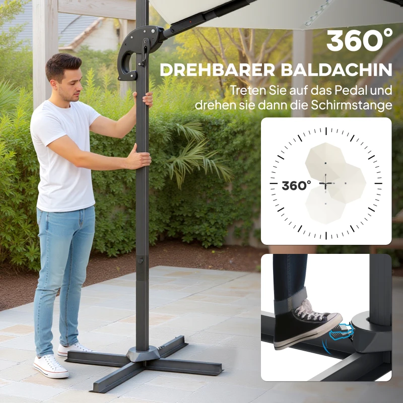 Outsunny 3(m) Cantilever Garden Parasol with Solar Powered Lights, Crank Handle & Cross Base, UPF 50+, 360° Rotation, Cream