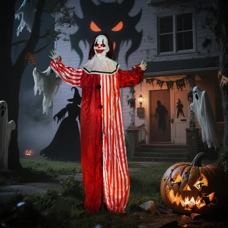 Dekoracja Halloween Outsunny 165 cm Klaun Halloween z LED, funkcją dźwiękową, dekoracja drzwi z regulowanymi ramionami, figura ogrodowa w naturalnej wielkości na imprezę