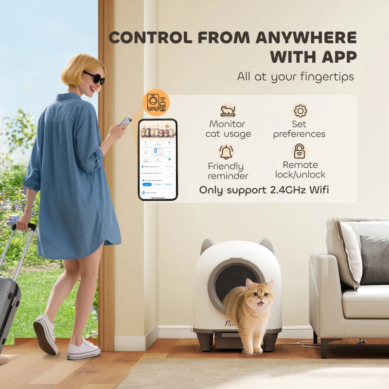 Automatyczna toaleta dla kotów PawHut z kontrolą przez aplikację, 80 L, eliminacja zapachów, elektryczna kuweta dla kotów z workami na śmieci, higieniczna, dla wielu kotów