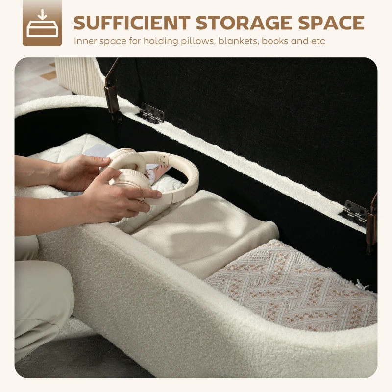 HOMCOM Storage Ottoman, Storage Bench with Lift-Up Lid and Steel Legs, Footstool, Footrest, 69L, Sherpa Fleece Surface, for Bedroom, Hallway, Living Room, 114.5 x 40 x 48 cm, Cream