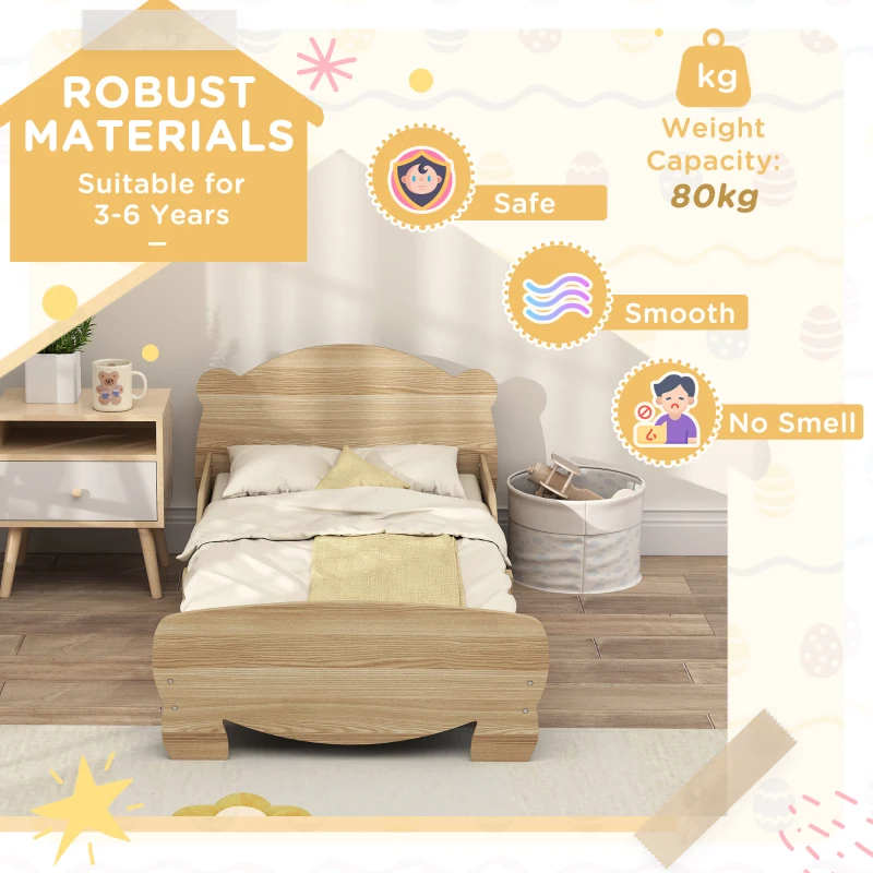 AIYAPLAY Łóżko dziecięce z barierkami ochronnymi, stelażem 140 x 70 cm, łóżko młodzieżowe z motywem misia, pojedyncze łóżko dla dziewczynek i chłopców, naturalne drewno