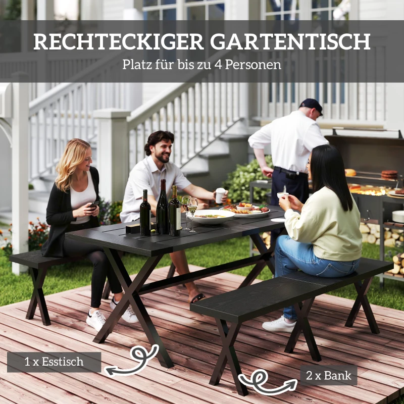 Outsunny Zestaw do Piwnego Ogródka, 3 częściowy, z Stołem, 2 Ławkami, Otworem na Parasol, Meble Ogrodowe z Wyglądem Drewna na Taras, Balkon, 180 x 80 x 73 cm, Czarny