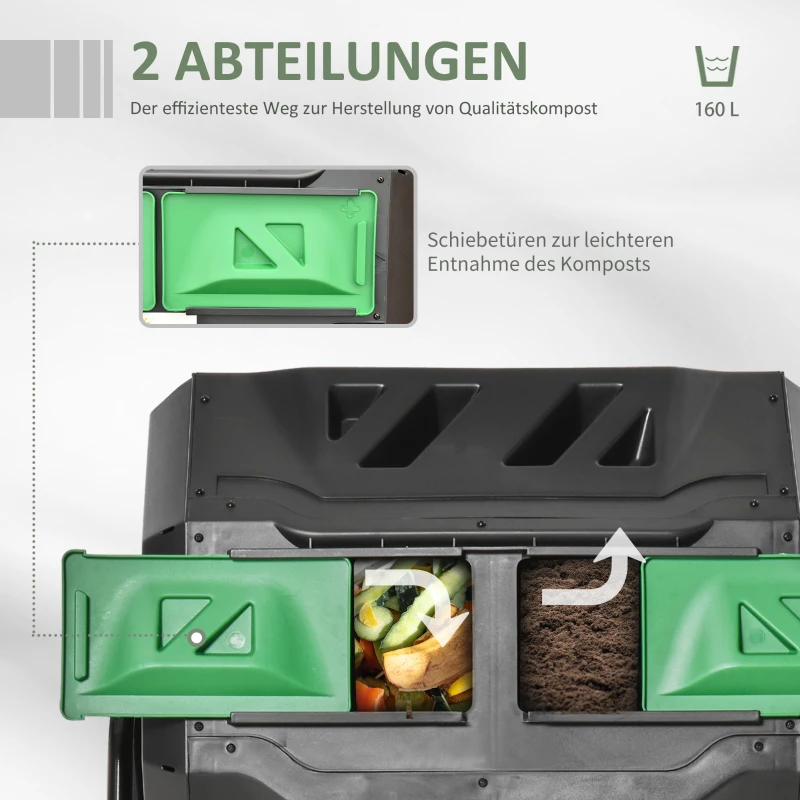 Outsunny Trommel-Komposter, 160L Gartenkomposter mit 2 Kammern, Drehbarer Schnellkomposter, für Bio- und Garten-Abfälle, Schwarz