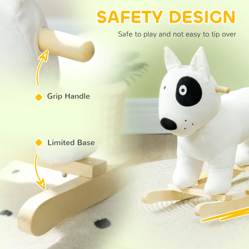 AIYAPLAY Rocking Horse, Animal Rocker Plush Ride on Dog with Barking, Wooden Base, for 2-4 Years Old, White