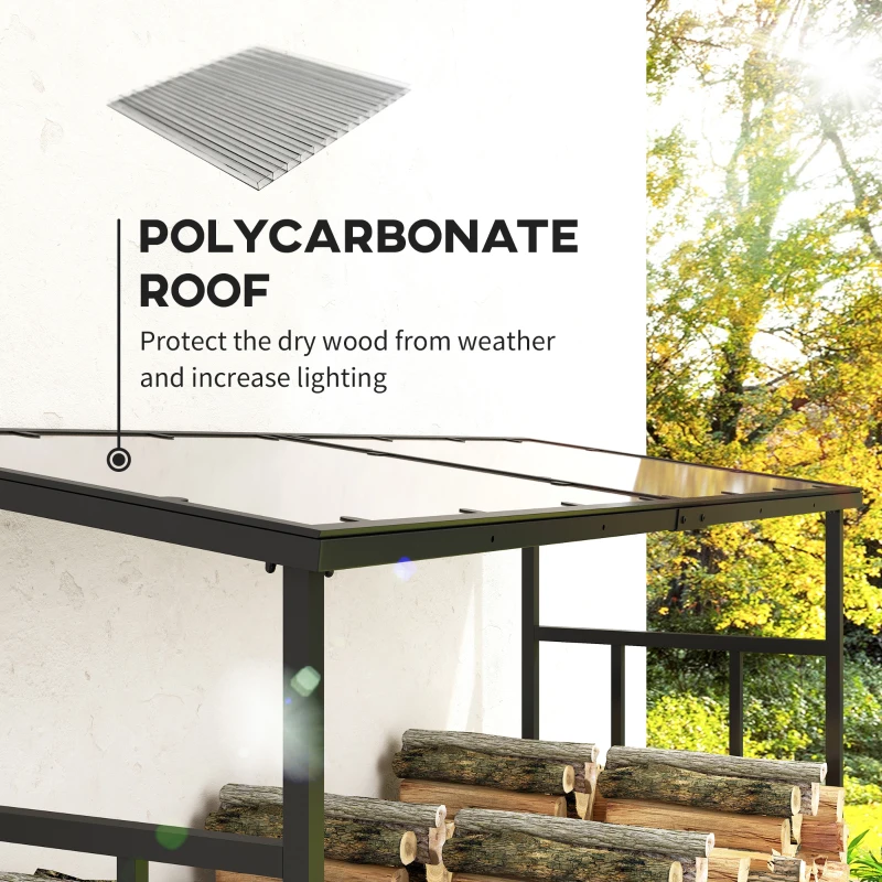 Outsunny 1.8m Firewood Rack with Polycarbonate Roof and Waterproof Covers, Deep Heavy-Duty Wood Storage Log Holder for Fire Pit and Fireplace, 2000kg Load