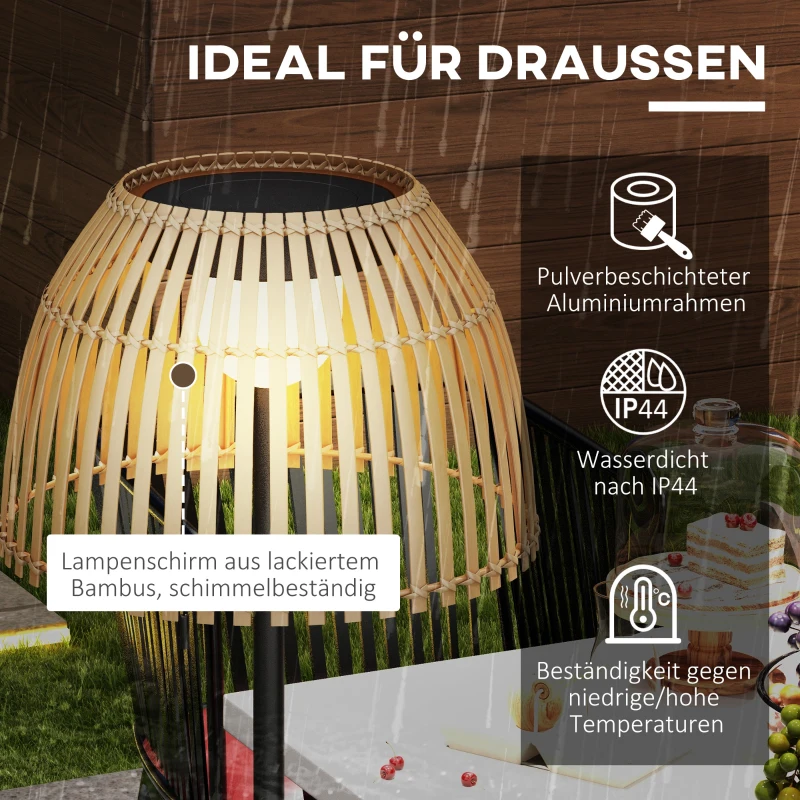 Outsunny Lampa podłogowa słoneczna, lampa podłogowa na zewnątrz, lampa stojąca USB, lampa solarna LED do wnętrz, wodoszczelna IP44, z regulacją jasności, bambus, naturalny
