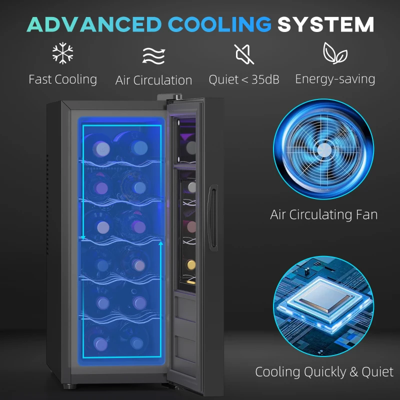 Lodówka na wino na 12 butelek, z oświetleniem LED, Czarna