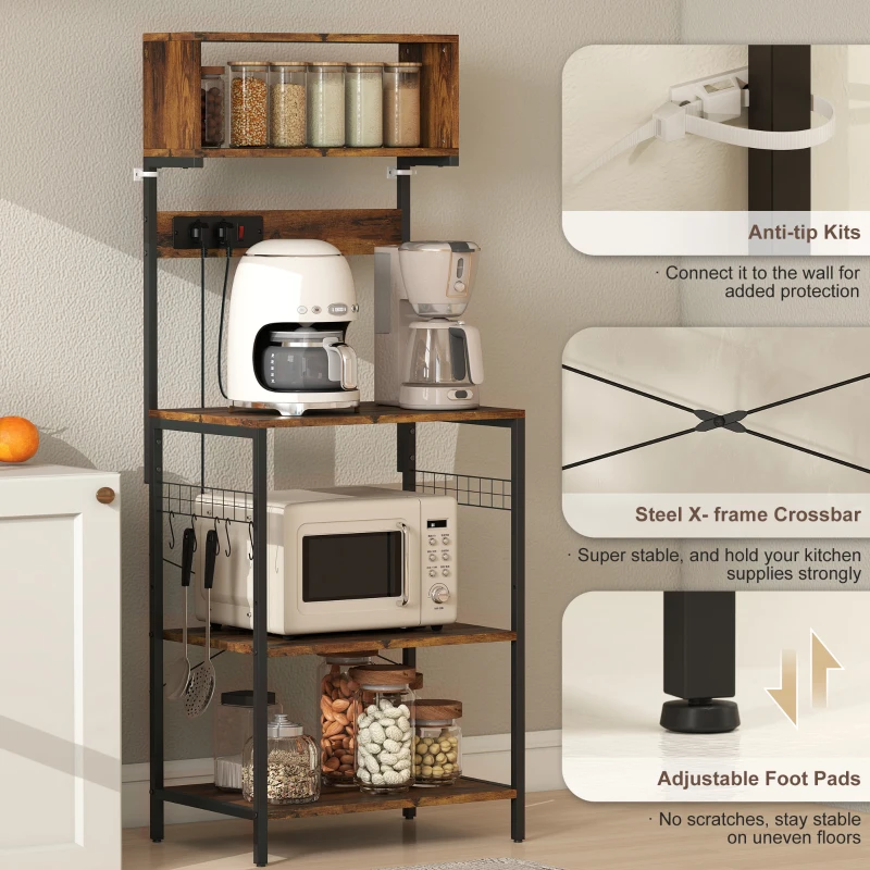 HOMCOM Regał Kuchenny, Wolnostojący Regał z 5 Hakami S, 5 Półkami, Gniazdkami, USB, Bar Kawiarniany z X-Brace, Stalowy, Rustykalny Brąz, 60 x 42 x 153 cm