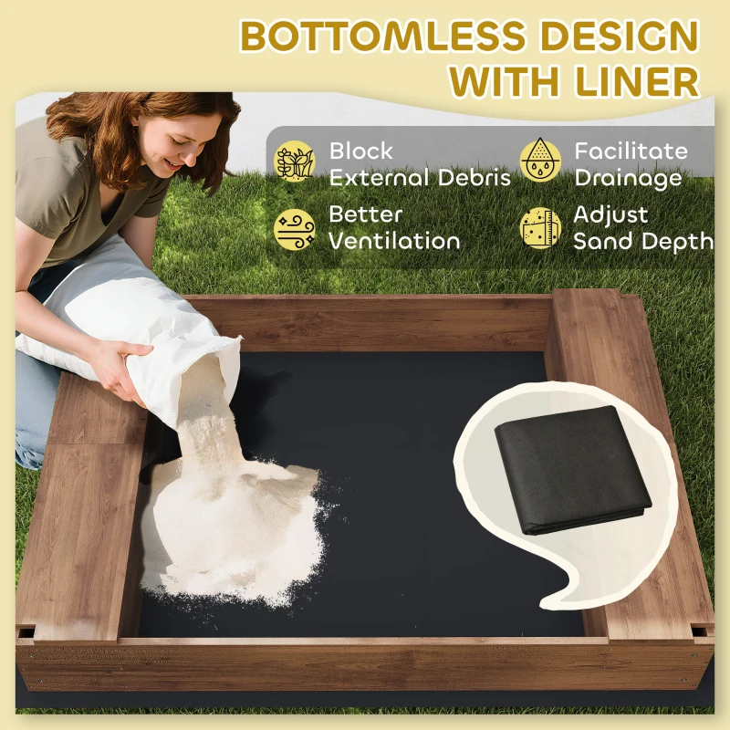 Drewniany piaskownica z daszkiem i siedziskiem, z siatką