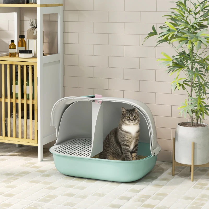 PawHut Cat Litter Box with Lid, Cat Litter Tray with Internal Channel, Door, Front Opening, Scoop, Easy Clean Hooded Cat Litter Box, Green