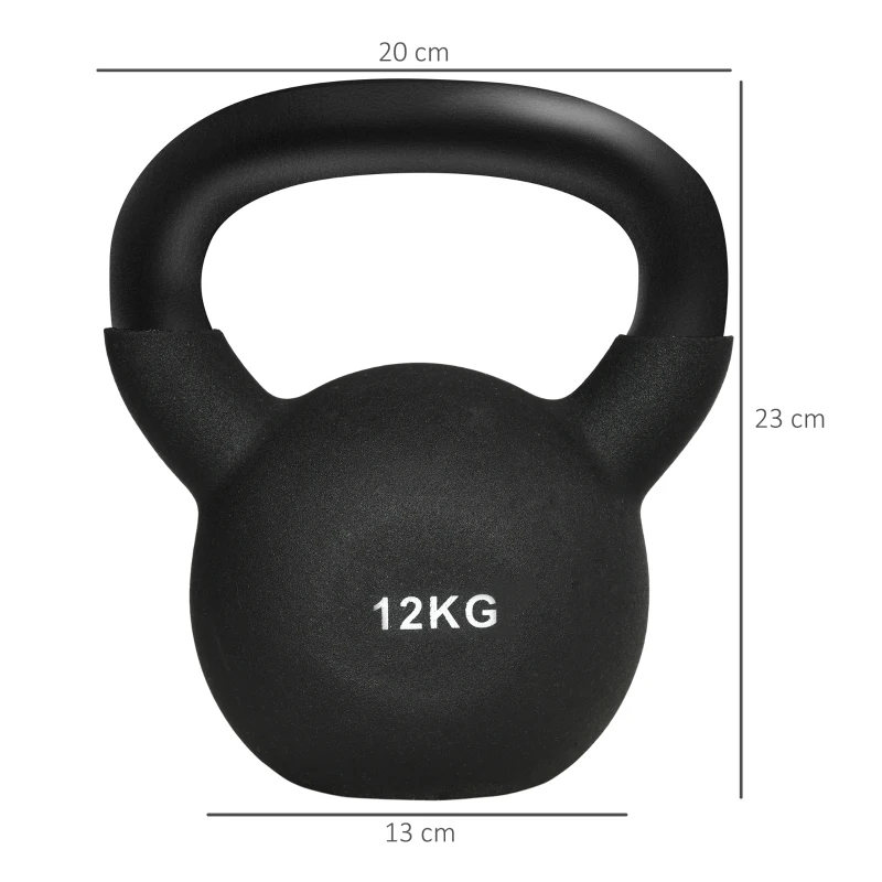 HOMCOM Kettlebell 12 KG z żeliwa z powłoką neoprenową, Hantla do treningu siłowego, kondycyjnego i Rdzenia, Z osłoną chroniącą podłogę, Czarna