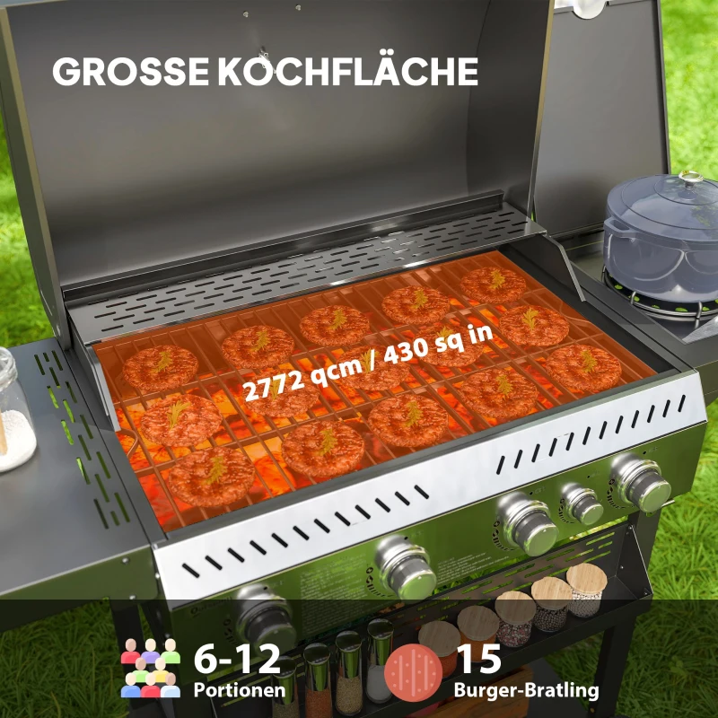 Grill gazowy 12 kW, 4+1 palników, stal nierdzewna, boczny palnik