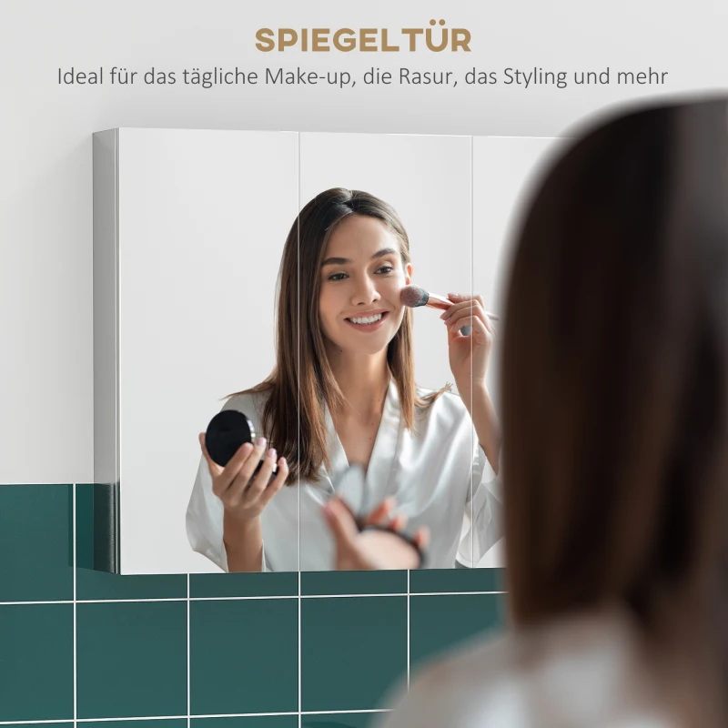 kleankin Szafka z lustrem, szafka łazienkowa z 3 drzwiami ze szkła, szafka wisząca, szafka do przechowywania z 5 półkami, szafka łazienkowa, szafka ścienna, stal nierdzewna, srebrna, 70 x 12 x 55 cm