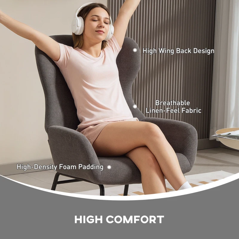 HOMCOM Modern Accent Chair, Linen Fabric Wingback Armchair with High Back and Thick Soft Padded Seat, Steel Legs for Living Room, Bedroom, Charcoal Grey