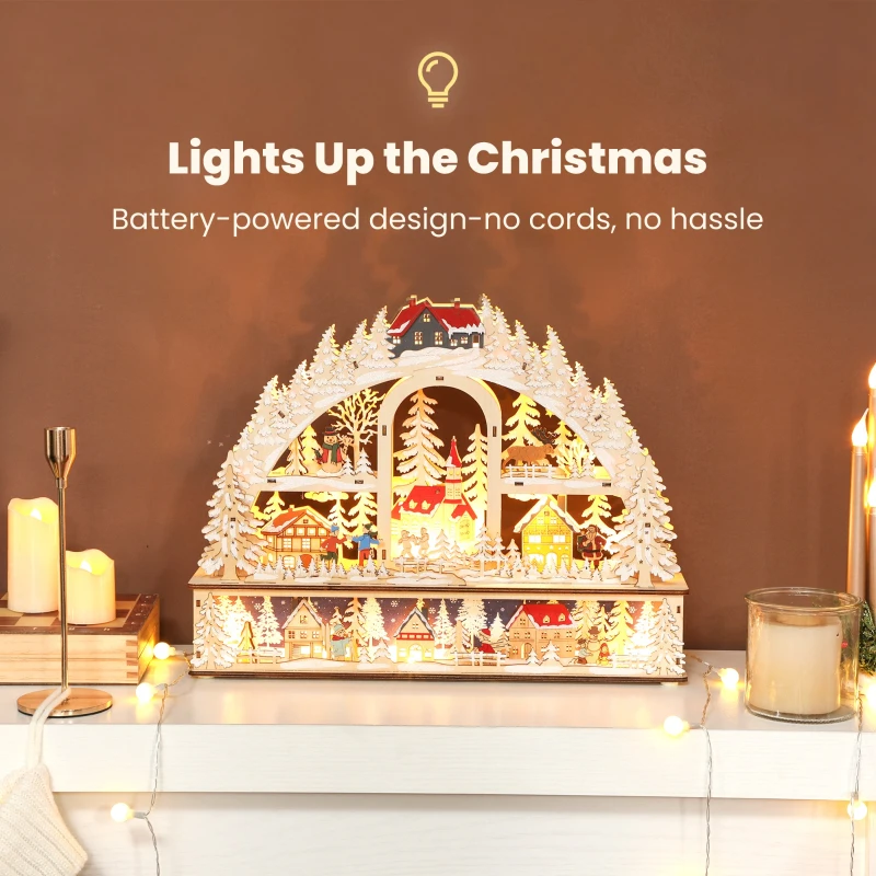 HOMCOM Wioska Świąteczna z Oświetleniem LED, 45 cm Miasteczko Świąteczne z Bałwanem, Reniferem i Drzewami, Wygląd Naturalnego Drewna, Zimowy Krajobraz na Boże Narodzenie