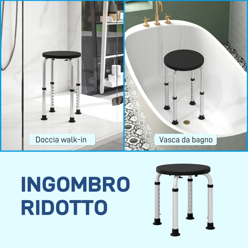 HOMCOM Sgabello da Doccia Antiscivolo e Regolabile su 8 Altezze, in Alluminio e PE, 32.5x41x35.5-54 cm, Nero