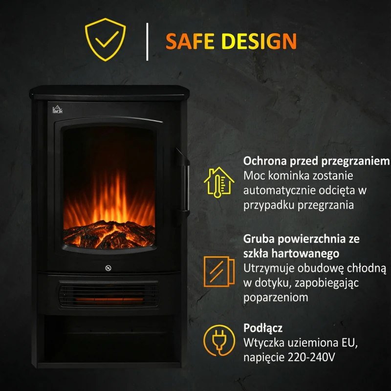 Kominek elektryczny LED, realistyczne płomienie, 2 moce, czarny
