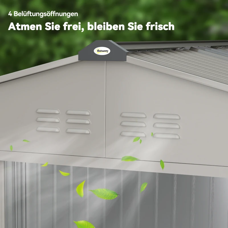 Outsunny Metalowy Domek Narzędziowy 4,9 m², Szopa Ogrodowa z Dwuspadowym Dachem, Drzwi Przesuwne, Fundament, 277 x 195 x 192 cm, Ocynkowana Stal, Odporny na Warunki Atmosferyczne, dla Ogrodu, Szary