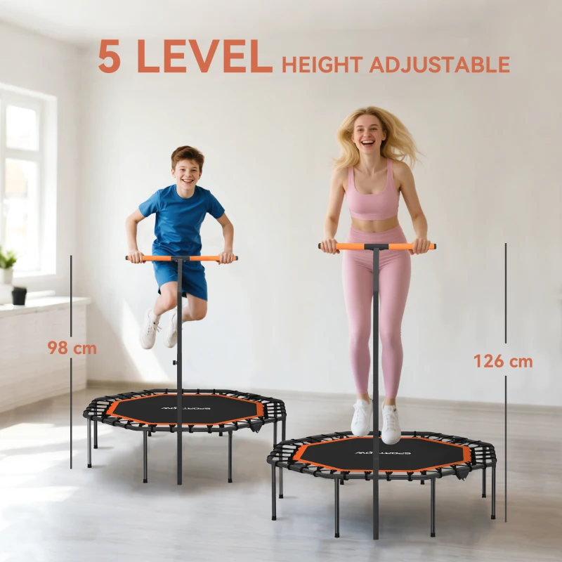 SPORTNOW Trampolina Fitness Składana Ø128 cm Mini Trampolina z Regulowanym Uchwytem na 5 Poziomach, Ciche Gumowe Liny, Trampolina dla Dorosłych, Trampolina do Skakania Wewnątrz i na Zewnątrz