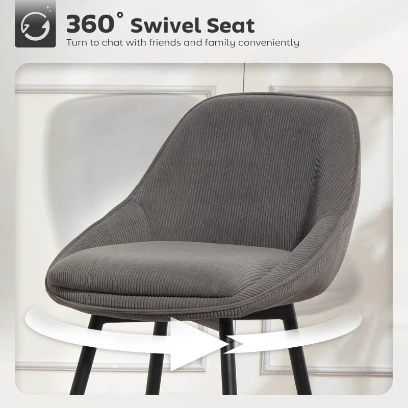 HOMCOM Stołki barowe, 2 sztuki, Stołek barowy z podnóżkiem, oparciem, wykończenie kordowe, wysokość siedziska 65 cm, Krzesła kuchenne ze stalową ramą, Sessel dla kuchni, jadalni, szare