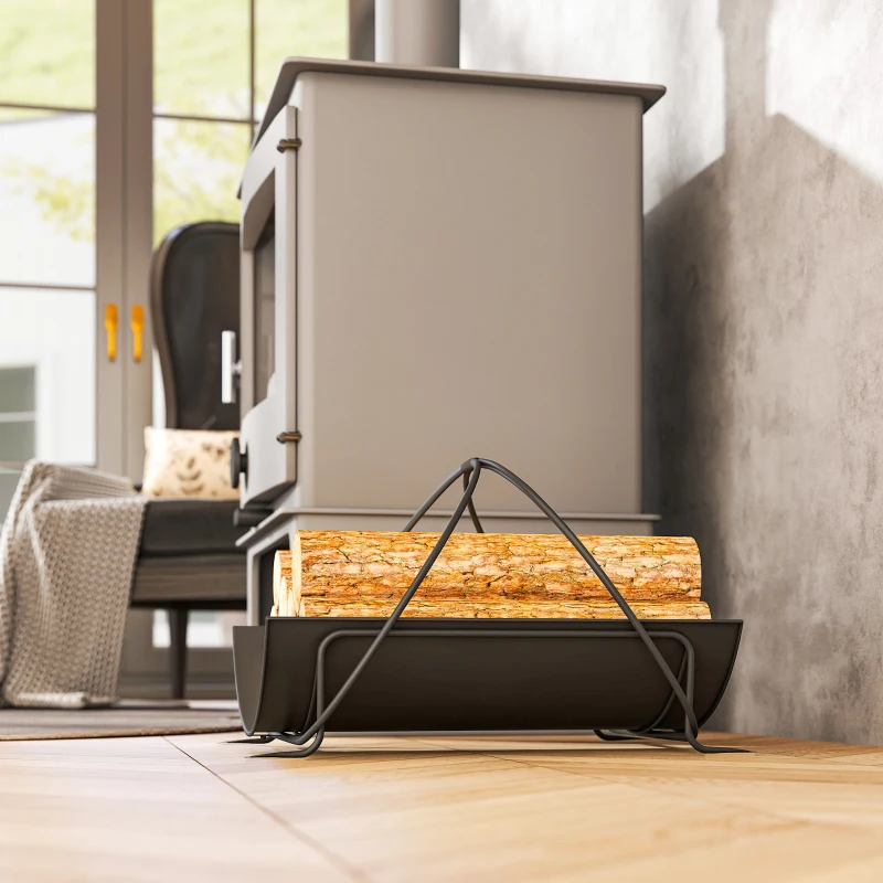 Outsunny Regał na drewno kominkowe wewnętrzne 51 x 38 x 33cm, geometryczny regał na drewno z uchwytem, podniesiony stojak na drewno kominkowe, czarny