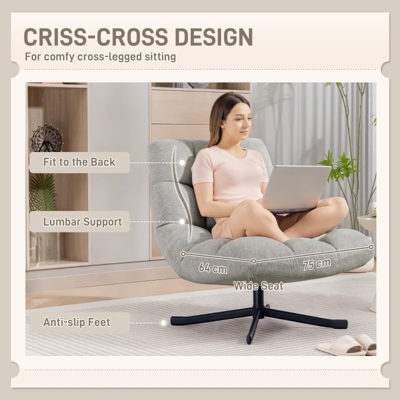 HOMCOM Fotel Obrotowy Lounge z Szerokim Siedziskiem, Tapicerowany Fotel Relaksacyjny w Wodoodpornej Optyce Chenille, Stalowe Nogi Krzyżowe, Nowoczesny Fotel do Salonu, Sypialni, Jasnoszary