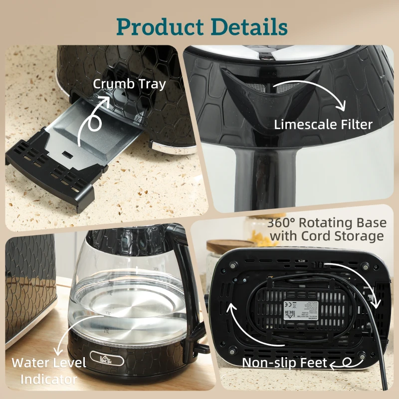 HOMCOM Kettle and Toaster Set, 1.7L 3000W Rapid Kettle with Limescale Filter, 2 Slice Toaster with 7 Browning Controls, Black