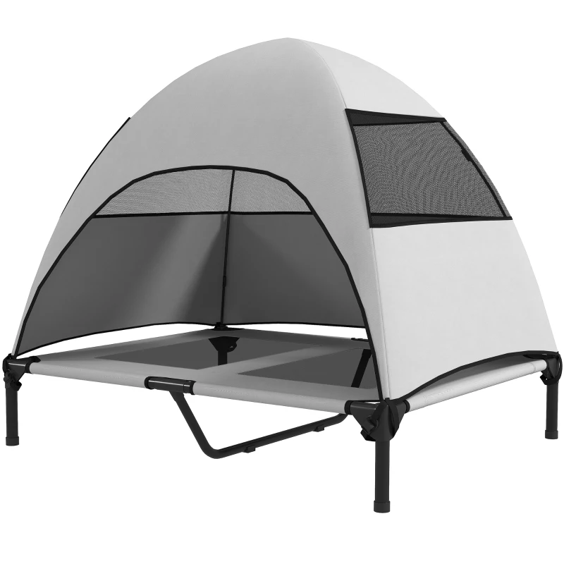 PawHut Elevated Dog Bed with Removable Canopy, Pet Bed with Storage Bag for Indoor Outdoor, for Medium Large Dogs, 91 x 76 x 90 cm, Light Grey