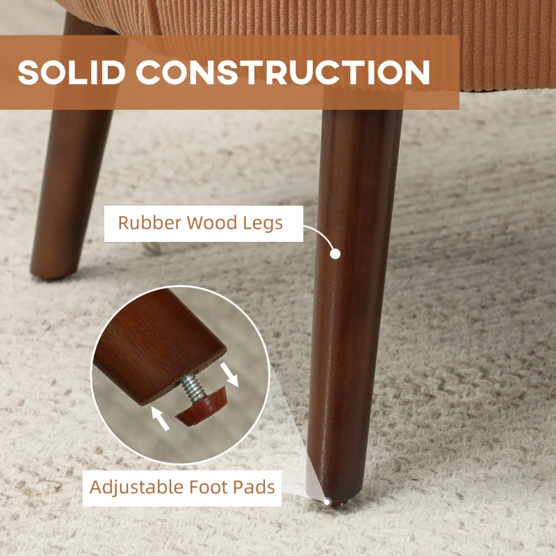 HOMCOM Fotel z oparciem, zaokrąglonymi podłokietnikami, tapicerowany fotel lounge z wyglądem kordu, nogi drewniane, do sypialni, salonu, do 120 kg, Pomarańczowy