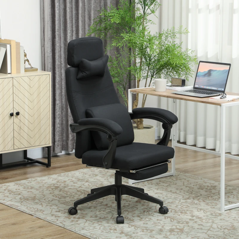 Vinsetto Fauteuil de bureau chaise de bureau grand confort dossier réglable repose-pied roulettes 360° lin 62 x 68 x 127 cm noir