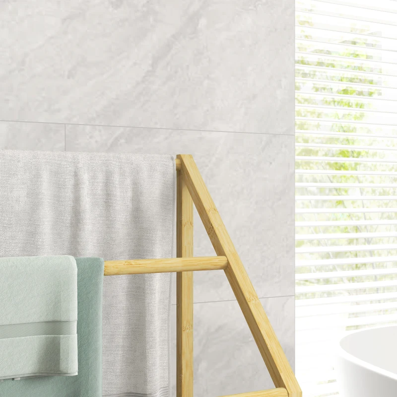 HOMCOM 3-Tier Bamboo Towel Rack with Storage Shelf, Freestanding Towel Rail for Bathroom and Laundry Room, Natural Wood Finish