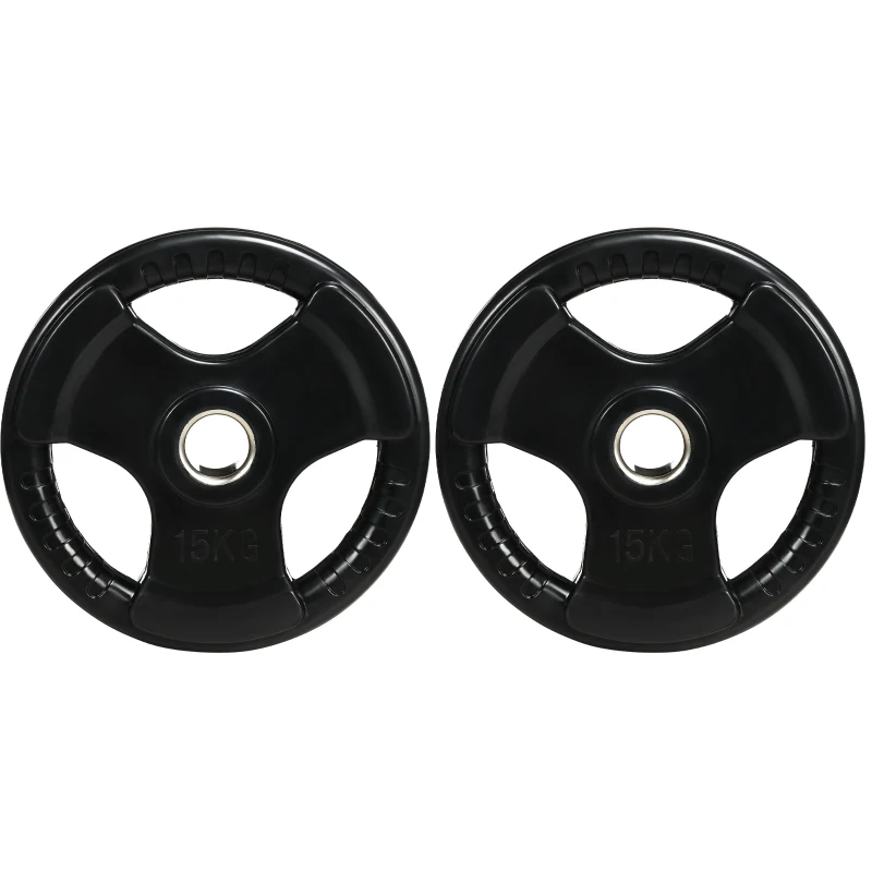 SPORTNOW Talerze ciężarków, zestaw 2 szt., Tri-Grip 2 x 15 KG z gumową powłoką, ochronne dla podłogi z otworami o średnicy 5 cm, trzy uchwyty, do podnoszenia ciężarów, treningu siłowego